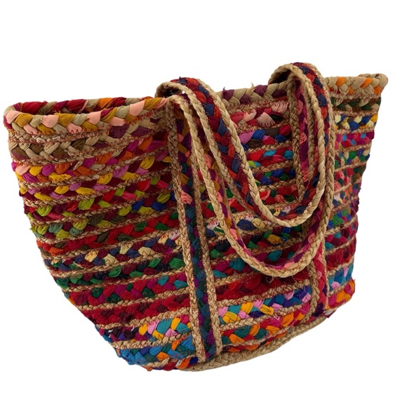 Antik Batik Multicolor Woven Jute Large Tote Boho Cabas Bag Spring Summer Beach - Picture 3 of 15